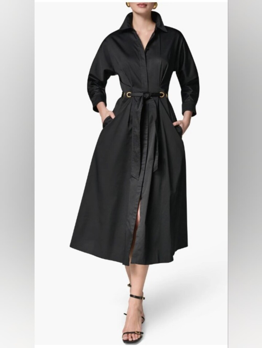 Donna Karan Drawstring Waist Stretch Cotton Black Midi Shirtdress Size 6 NWOT